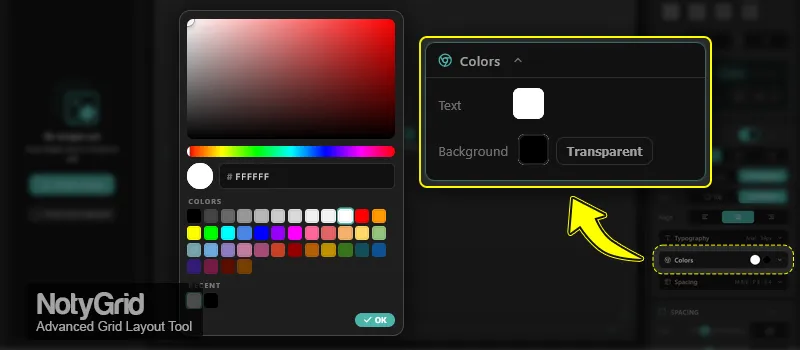 notygrid label color picker with text and transparent background options