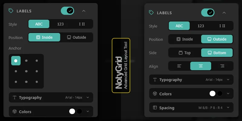 notygrid label style abc 123 roman and inside outside position controls