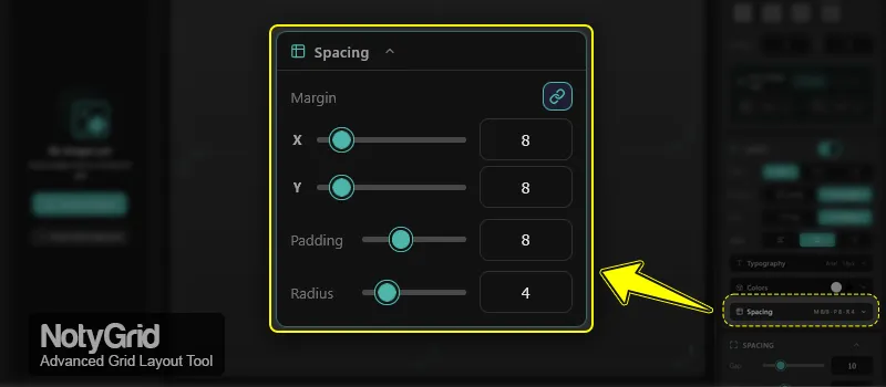 notygrid spacing controls margin padding and border radius settings