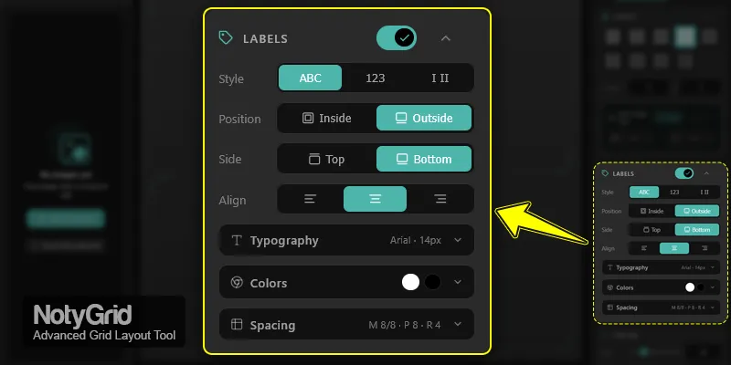 Customize NotyGrid Labels panel with toggle enabled and expanded settings