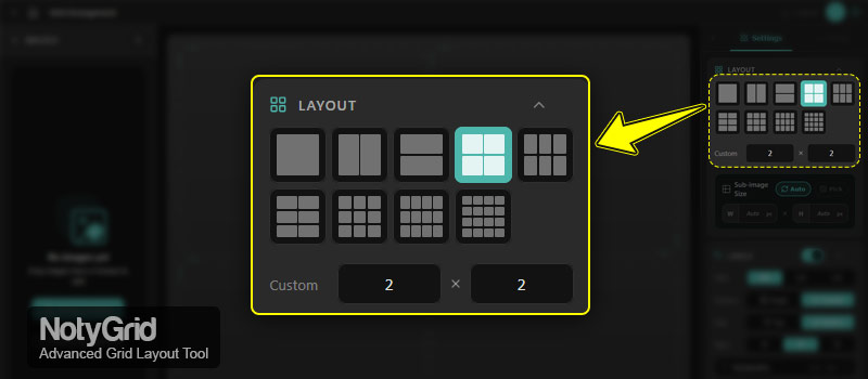 NotyGrid layout presets and custom rows and columns grid configuration