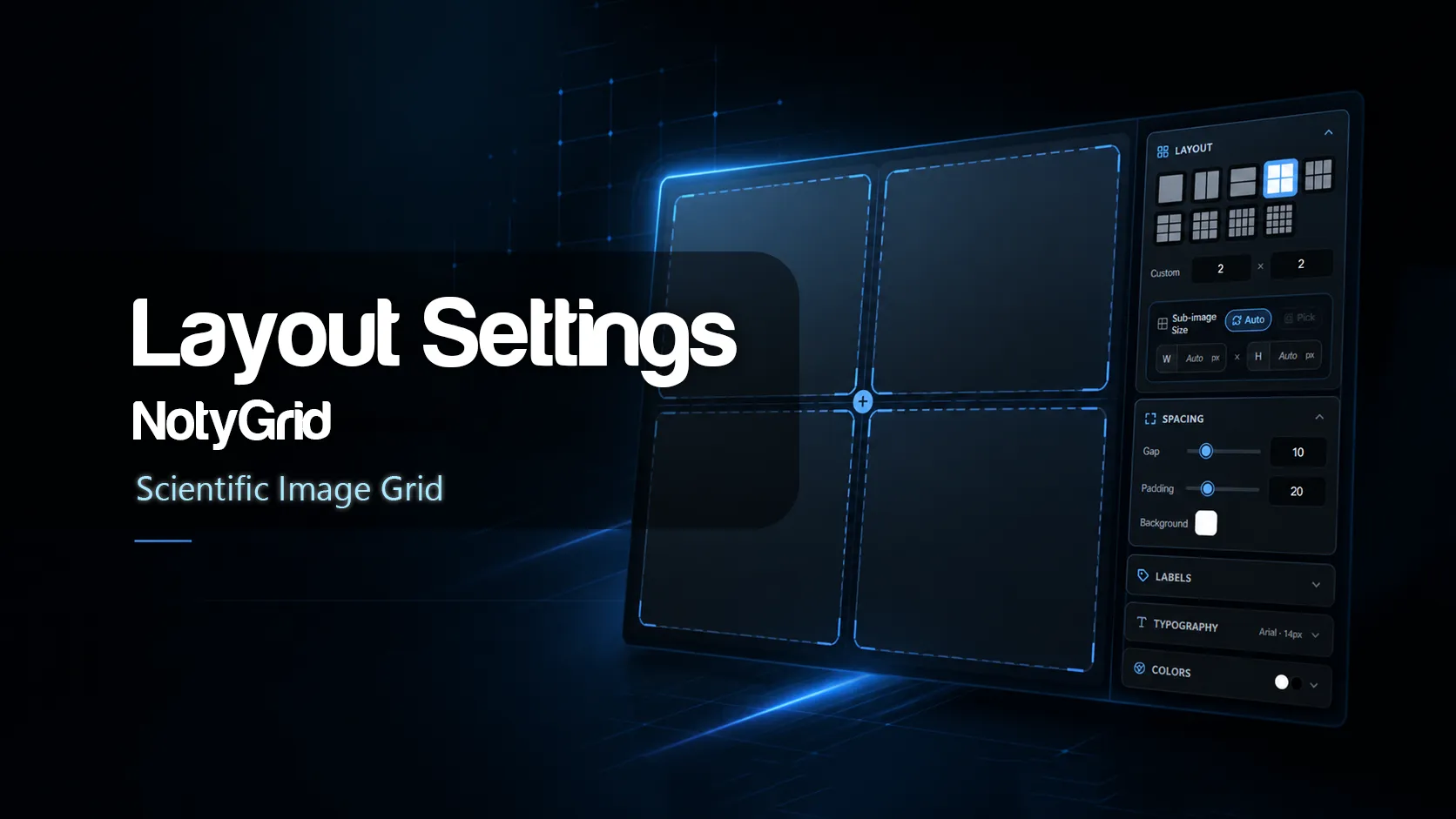 NotyGrid Layout Settings panel showing grid presets, rows, columns, and sub-image size controls for scientific image grid configuration