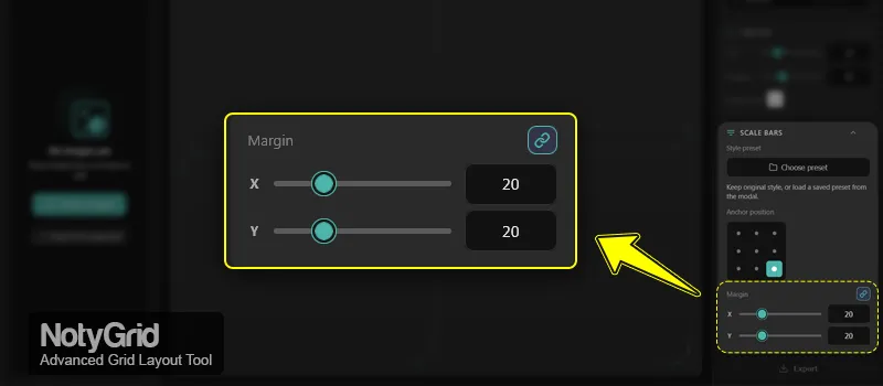 NotyGrid Scale Bar margin controls for adjusting X and Y spacing