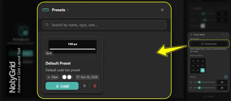 NotyGrid Scale Bar preset modal for choosing a saved scale bar style