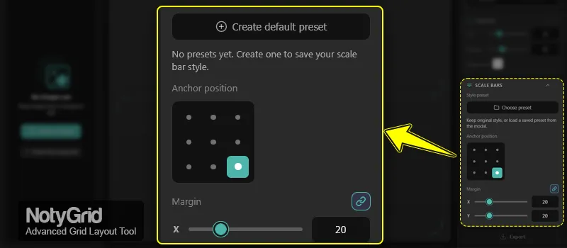 NotyGrid Scale Bars settings panel inside the NotyGrid sidebar