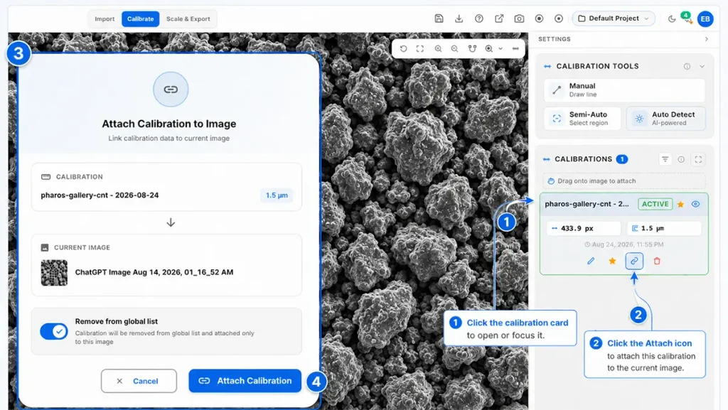 NotyScale interface showing how to attach an existing calibration from a separate reference image to the current SEM image