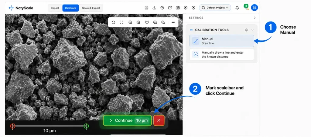 NotyScale calibration interface showing Manual mode, marking the visible SEM scale bar, and continuing to calibration details