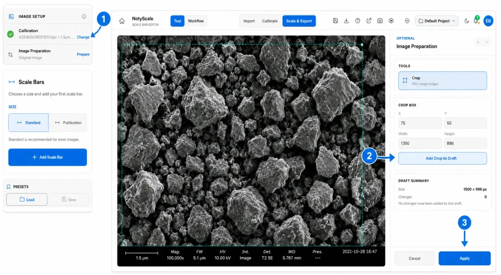 NotyScale image preparation panel showing crop selection, Add Crop to Draft, and Apply before adding a scale bar