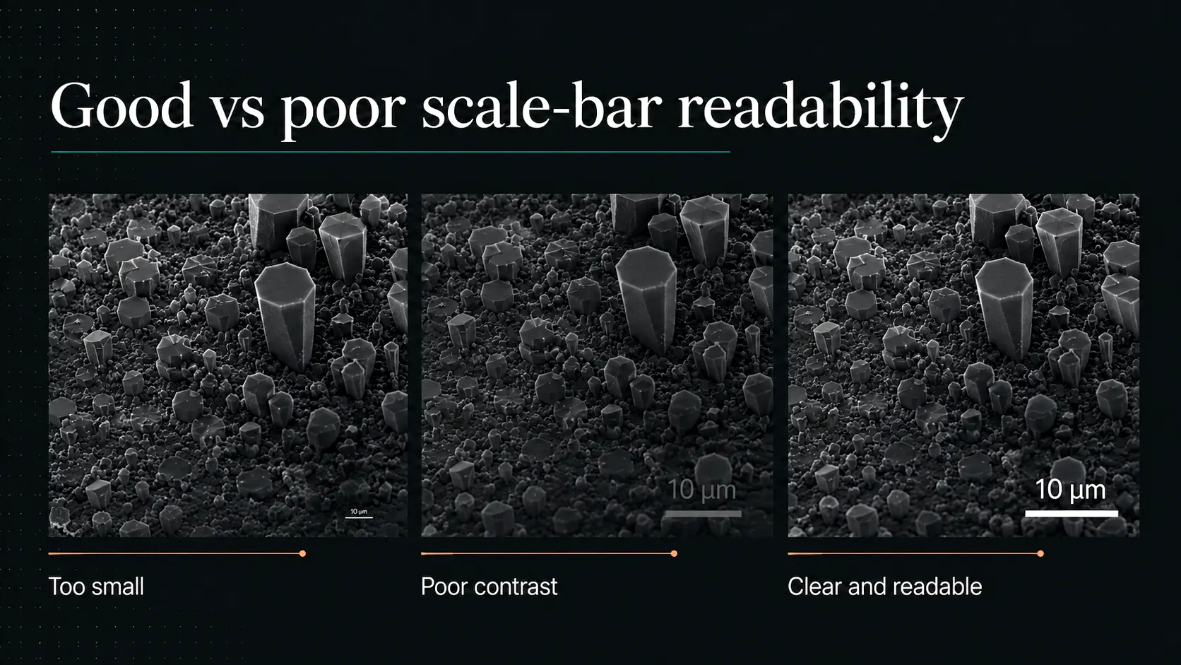 Three microscopy image examples showing a scale bar that is too small, low contrast, and clear and readable