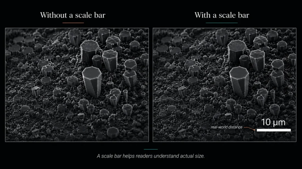 Side-by-side microscopy image comparison without a scale bar and with a 10 µm scale bar