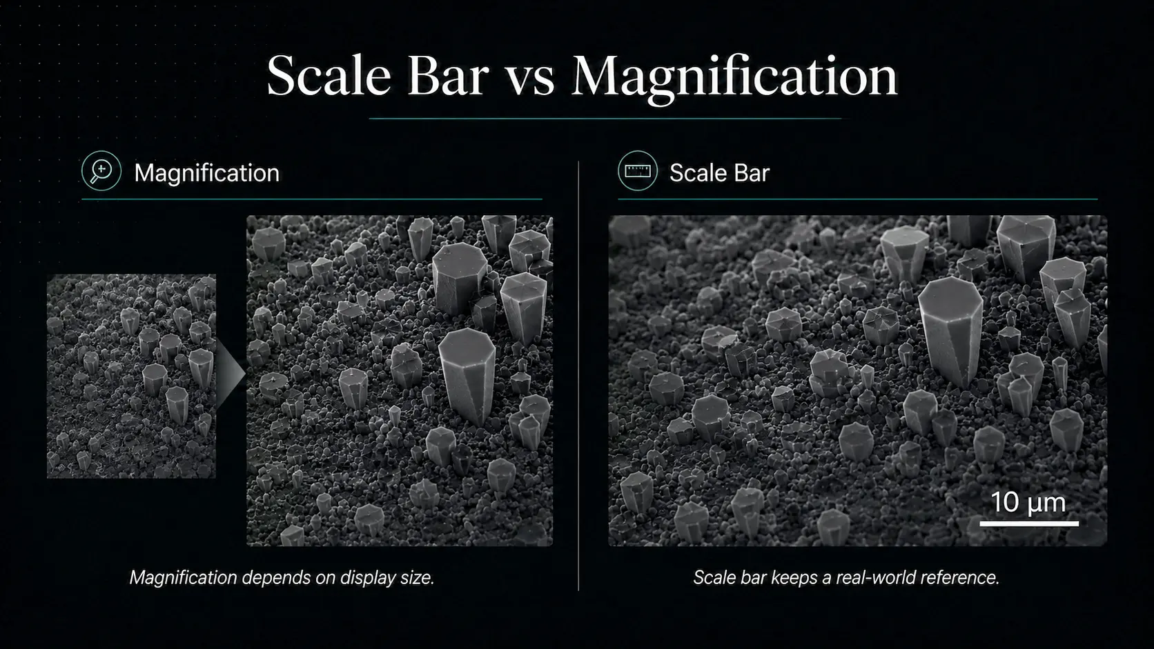 Comparison showing magnification depends on display size while a scale bar keeps a real-world reference