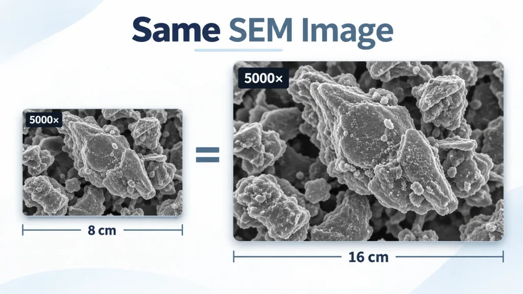 Same SEM image displayed at two different sizes with the same magnification label
