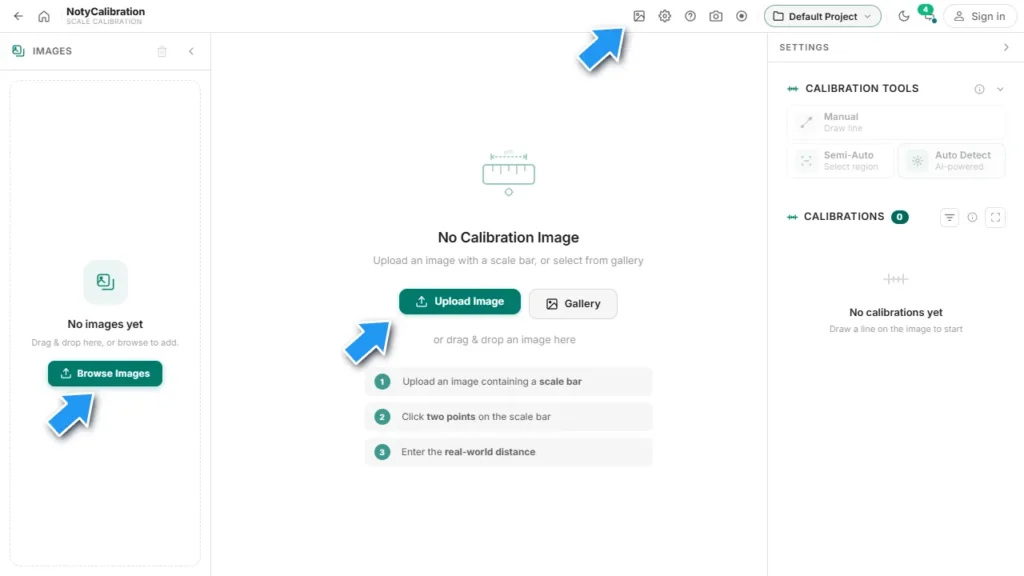 Empty NotyCalibration workspace with callouts pointing to Browse Images, Upload Image and the image menu