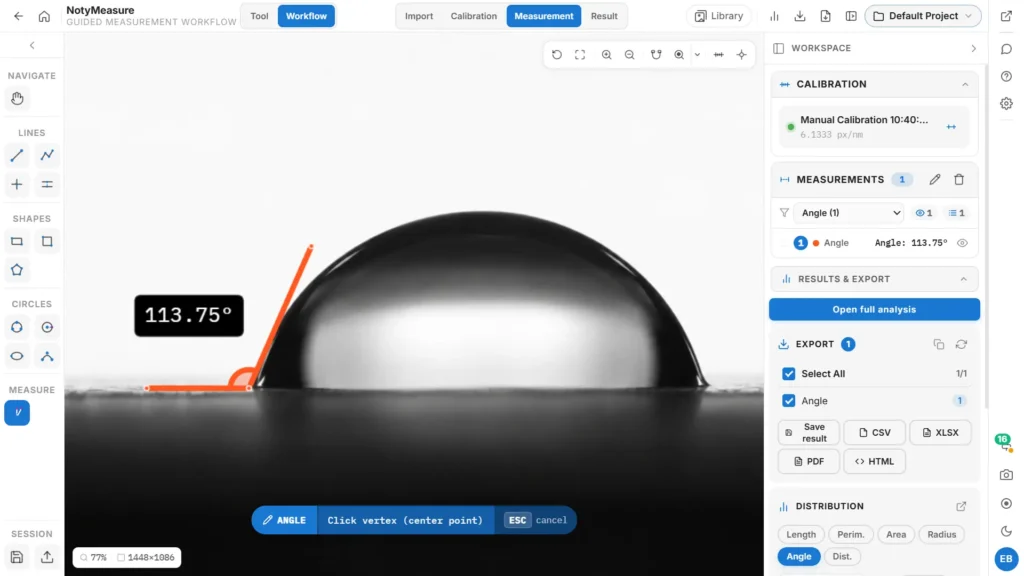 NotyMeasure workspace showing an angle annotation and line, area and angle measurements together in the Results sidebar