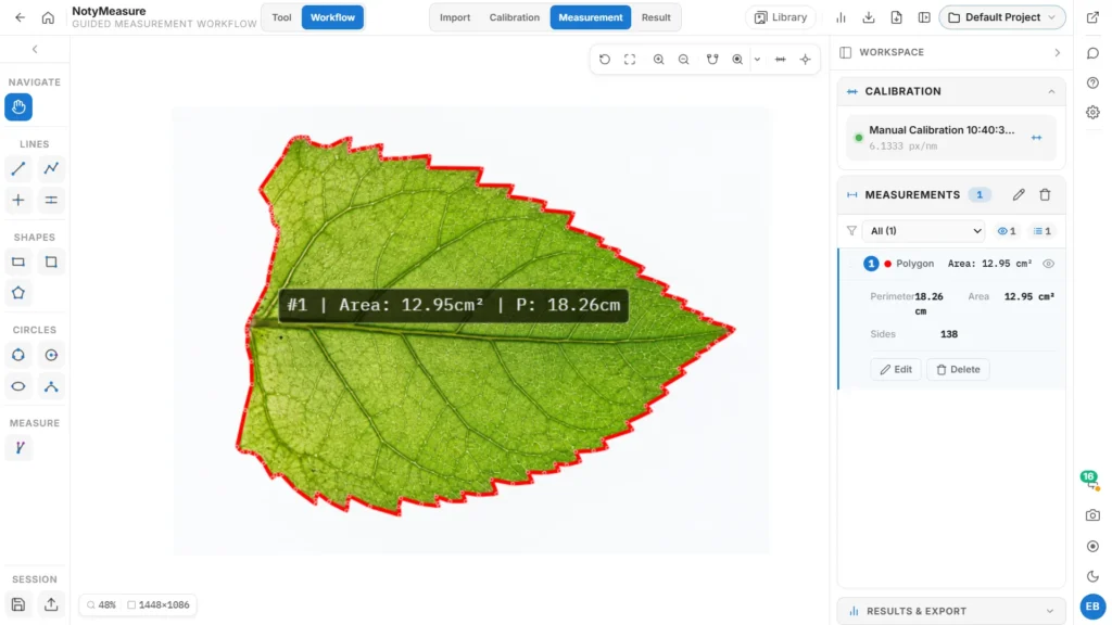 NotyMeasure workspace showing a polygon around a leaf and its calibrated area in the Results sidebar