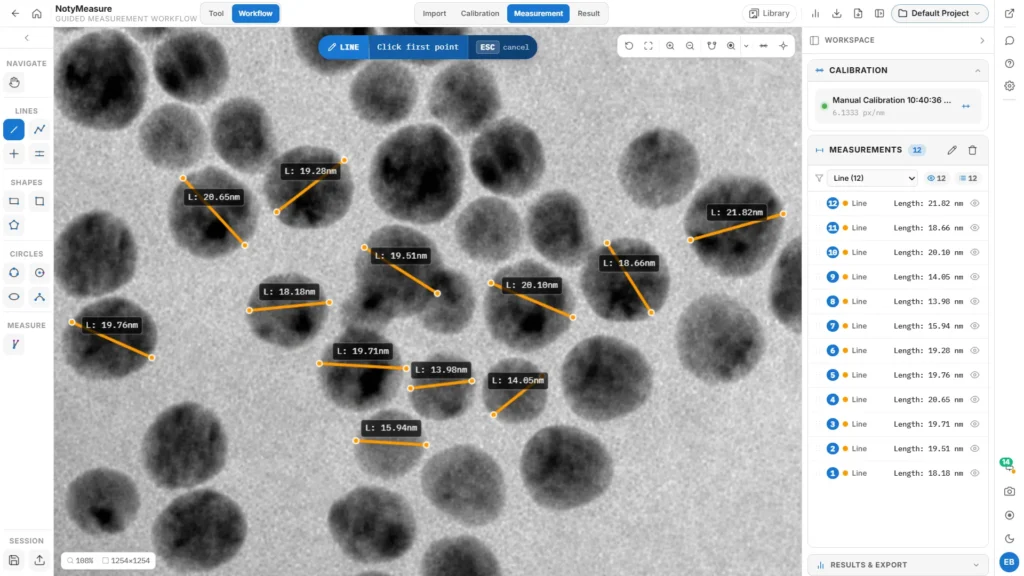 NotyMeasure workspace showing repeated line measurements across microscopy features and calibrated lengths in the Results sidebar