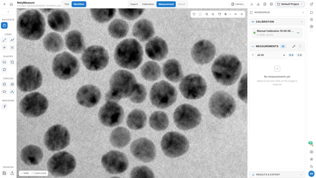 NotyMeasure workspace with a calibrated microscopy image loaded before any line measurements are drawn
